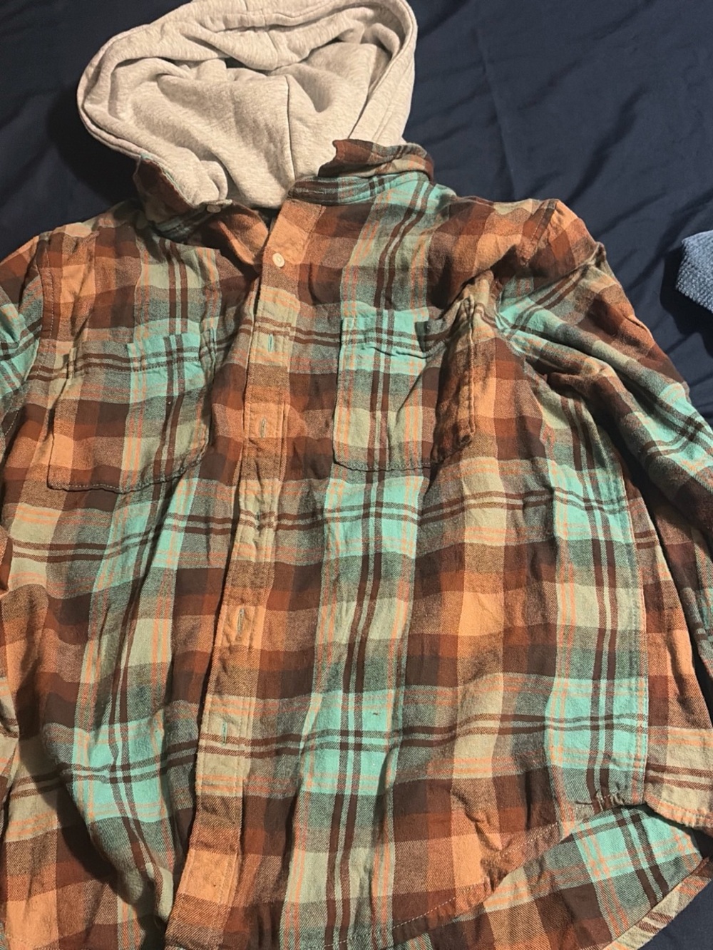 Arizona Jean Company Brown and Teal Plaid Hooded Button-Down Shirt
